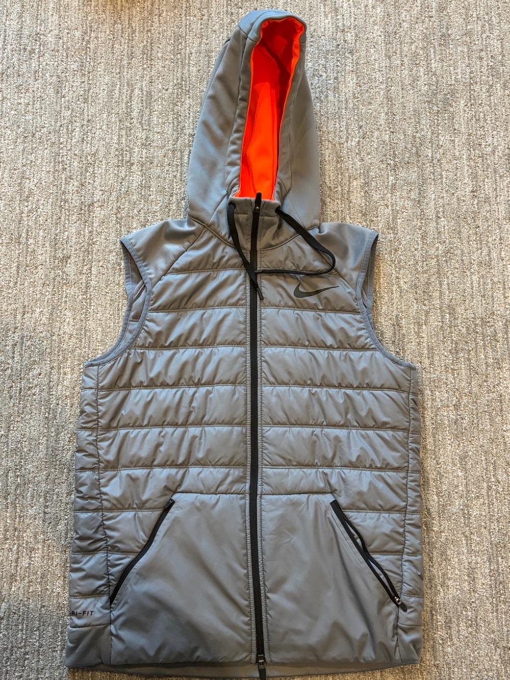 Nike Men’s Gray Sleeveless Puffer Vest with Orange Lining Hood